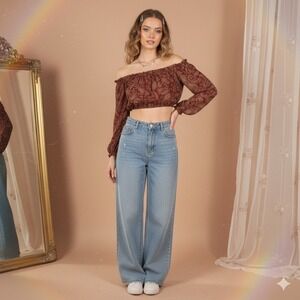 Express Off Shoulder Paisley Peasant Blouse XXS Boho Sheer‎ Cropped Top Red